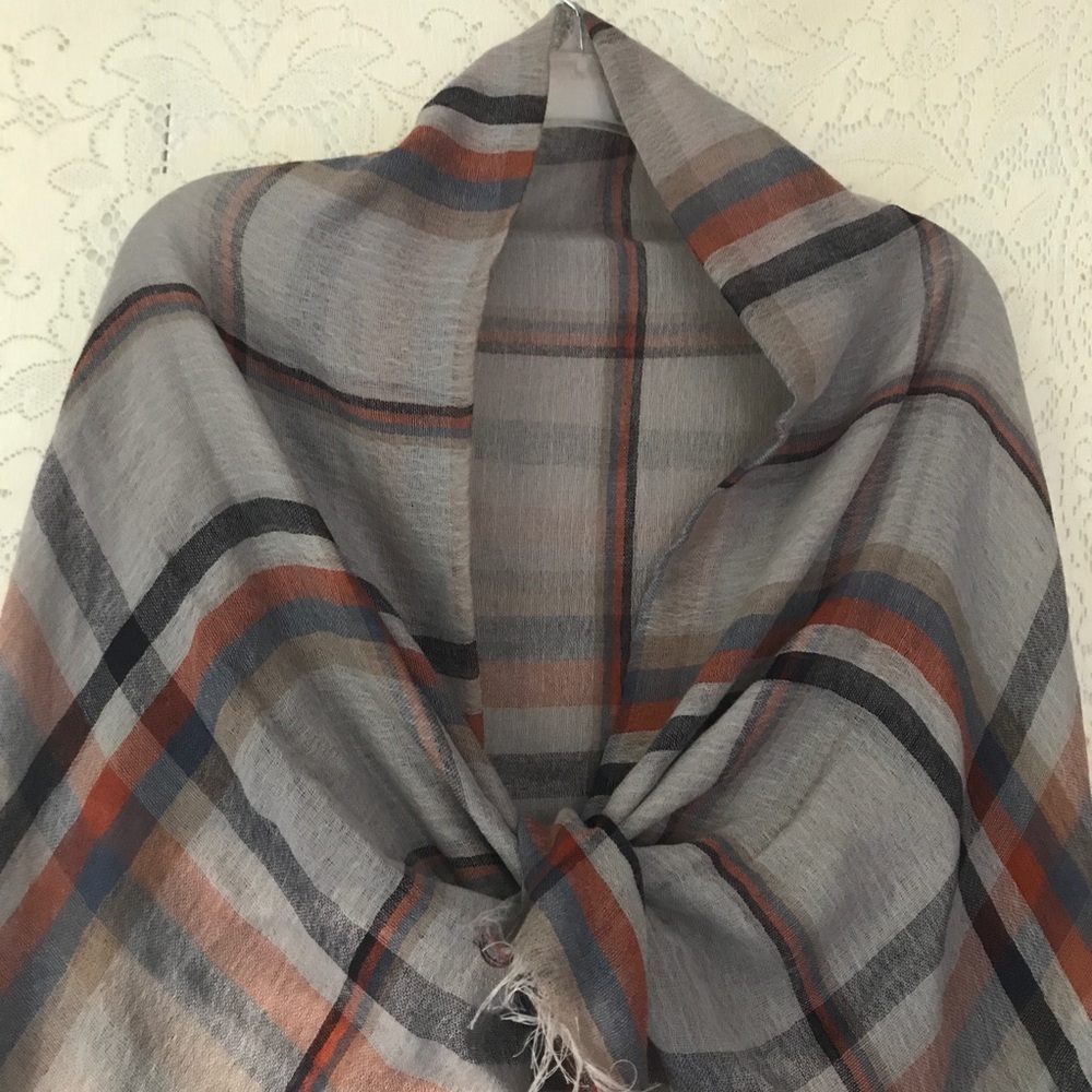 Boho Fringed Shawl Wrap Scarf Gray Rust Navy Plaid - Picture 9 of 12
